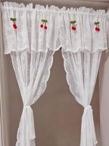 1 Stück weißer Spitzen-Vanance-Vorhang, ohne Bohren, geeignet für Küche, Schlafzimmer, Fensterbank, transparenter Vorhang im Prinzessinnen-Stil (4 Kirschdekorationen enthalten, Krawatte nicht enthalten)