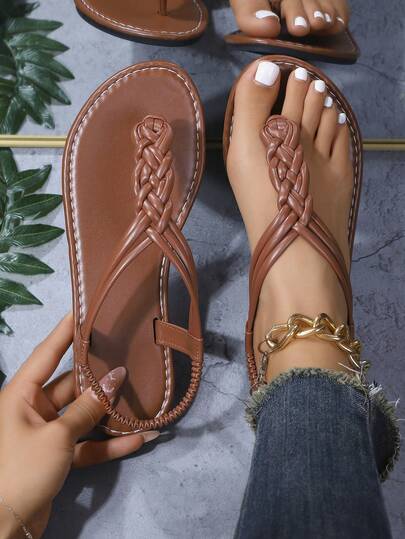 Women's Handmade Woven Flip Flop Sandals, Elegant, Casual, Bohemian, Sexy, Cute PU Leather Woven Flat Sandals For Summer Vacation