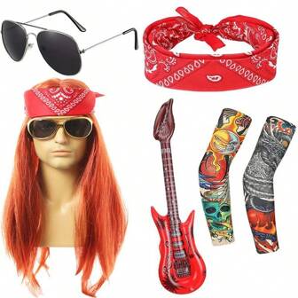 Un conjunto de 5 piezas de disfraces y pelucas de rock, heavy metal, carnaval, festivales de música y fiestas de Halloween de los años 70 y 80