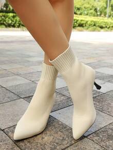 Women's New Fashion Nude Mid-Calf Sock Boots, Pointed Toe Slim Fit Elastic Stiletto Heel Ankle Boots, Elegant Minimalist Slimming Comfortable High Heel Boots - Beige - View 8