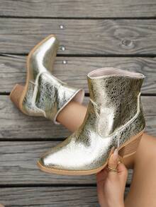 Women's European & American Style Pointed Toe Platform Short Boots, Autumn/Spring, Chunky Heel, Versatile, Plus Size - Gold - View 2