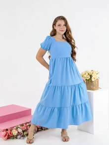 Vestido longo liso estiloso manguinha para princesas adolescentes - Azul bebê - Visão 4