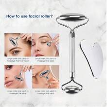 Stainless Steel Facial Roller & Gua Sha - Metal Gua Sha, Gua Sha Facial Tools 304 Stainless Steel, Facial Body Treatment, Puffiness Reduction, Lymphatic Drainage, Facial Tension - Silver-Set Combo - 彩色 - 查看 1