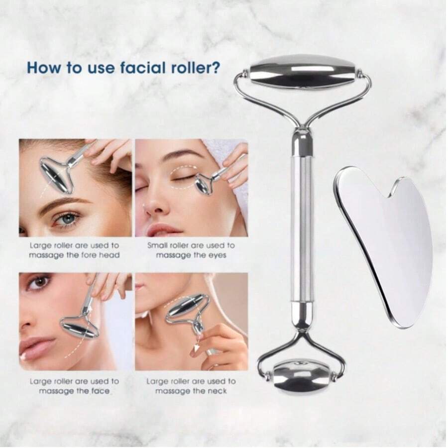 Stainless Steel Facial Roller & Gua Sha - Metal Gua Sha, Gua Sha Facial Tools 304 Stainless Steel, Facial Body Treatment, Puffiness Reduction, Lymphatic Drainage, Facial Tension - Silver-Set Combo - 彩色 - 查看 1