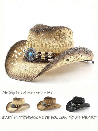 1 件西部牛仔帽，复古骑士风格太阳帽，男女皆宜，时尚个性化朋克女牛仔牛仔帽，波西米亚风格，随机涂漆帽子（注意：如果收到后帽檐变形，可能需要手动调整）