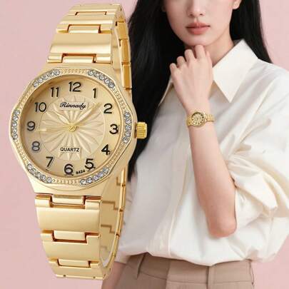1 pieza Reloj de pulsera de mujer elegante con cuarzo y correa de acero inoxidable, esfera de crisantemo, marcadores numéricos, manecillas luminosas - Un regalo para la familia