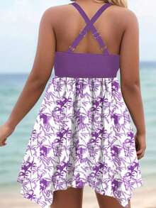Rochie de baie cu imprimeu integral și bretele tip spaghetti la spate, mărime plus - Violet - Vizualizare 3