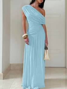 Women's Solid Color Oblique Collar Pleated Long Dress, Fitted And Slimming, Elegant And Sexy Party Dress - Blue - View 2