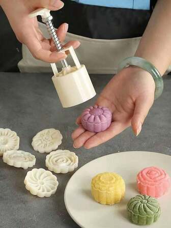 Set de 4 moldes para hacer pasteles de luna (mooncakes), aptos para el Festival del Medio Otoño y hornear - Molde para pasteles de luna de judía mungo, cortador de galletas, molde para pasteles redondos con flor