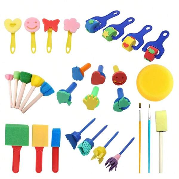30 piezas Juego de sellos de esponja para pintura infantil, material educativo de arte para la primera infancia, set de actividades de graffiti