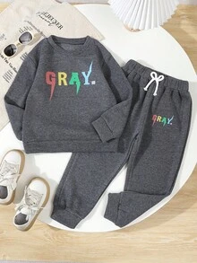 2pcs/Set Young BoyCasual Sports "GRAY" Letter Graphic Sweatshirt & Pants, Autumn/Winter - Dark Grey - View 1