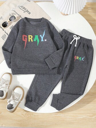 2pcs/Set Young BoyCasual Sports "GRAY" Letter Graphic Sweatshirt & Pants, Autumn/Winter