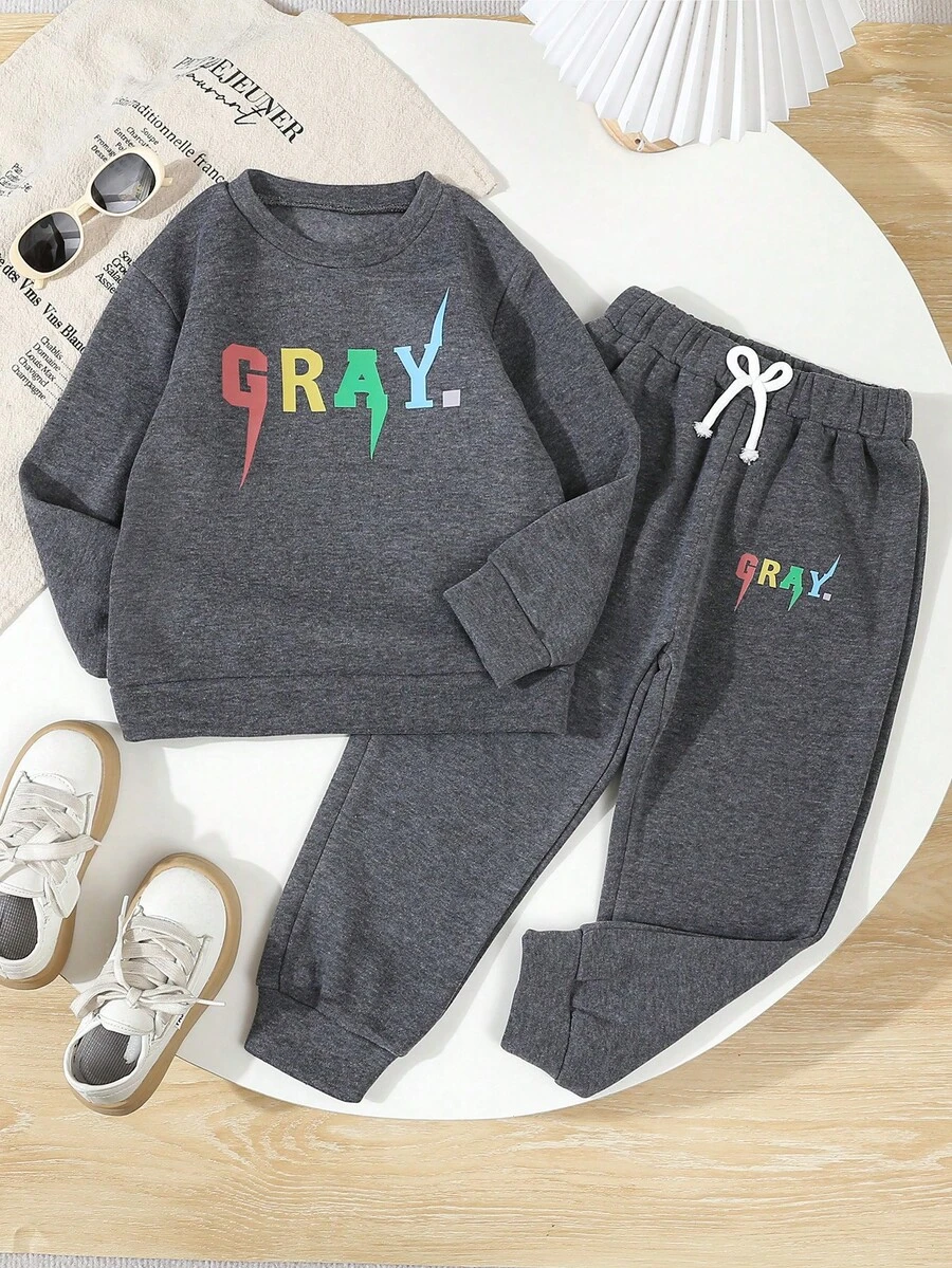 2pcs/Set Young BoyCasual Sports "GRAY" Letter Graphic Sweatshirt & Pants, Autumn/Winter - Dark Grey - View 1