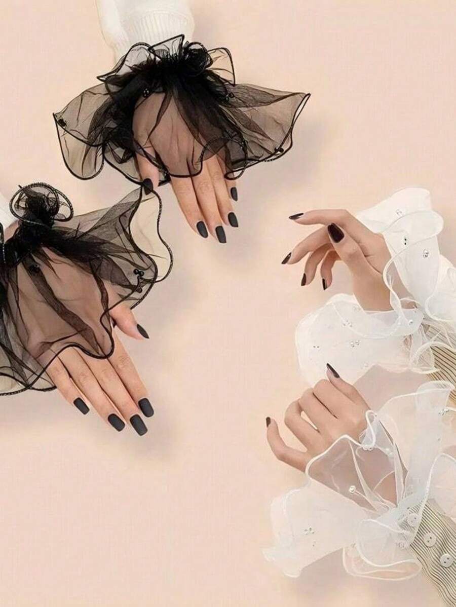 1 Pair Lace Semi-Sheer Short Bridal Gloves, Bridesmaid Cuffs, Manicure Photography Props