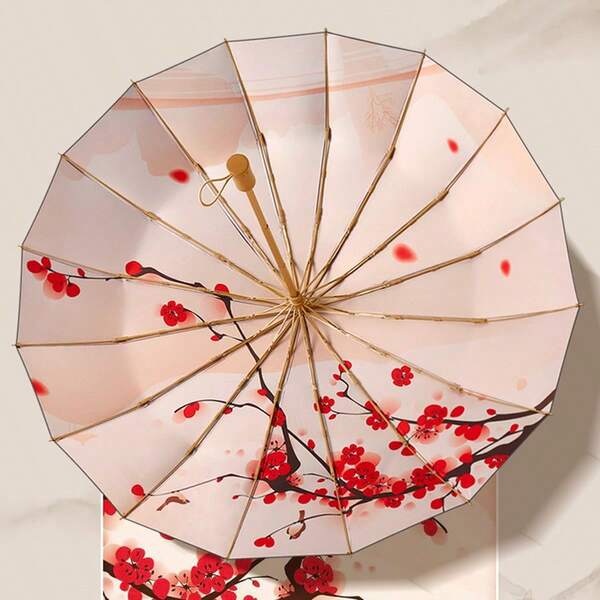 1 pièce Parapluie pliant vintage style noir vinyle à ouverture manuelle 16 baleines, parapluie de protection solaire et pluie en bois rétro à macaron tricolore pour femmes