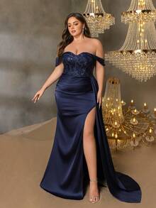 Faeriesty Elegancka, odsłaniająca ramiona, wysoko rozcięta, formalna suknia typu syrenka dla kobiet o większych rozmiarach - inspirowana projektantami suknia wieczorowa w dużych rozmiarach na wielkie wesela, uroczyste kolacje, ceremonie wręczania nagród, gale charytatywne i przyjęcia korporacyjne - Granatowy - Zobacz 1