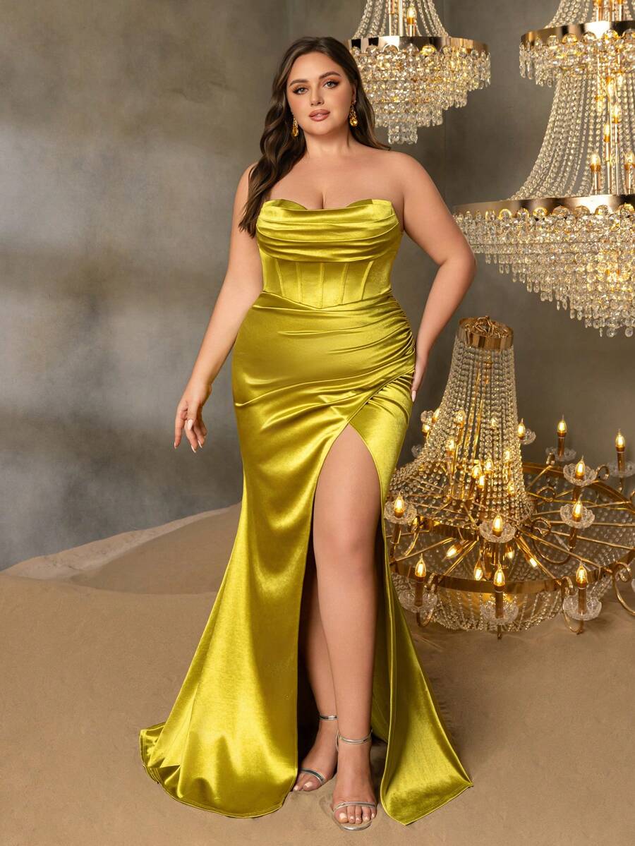 This Elegant Mermaid Slit Satin Formal Evening Gown Is Suitable For Red Carpet Events, Formal Dinners, Luxury Wedding Receptions, And Black Tie Galas. - Olive Green - View 1