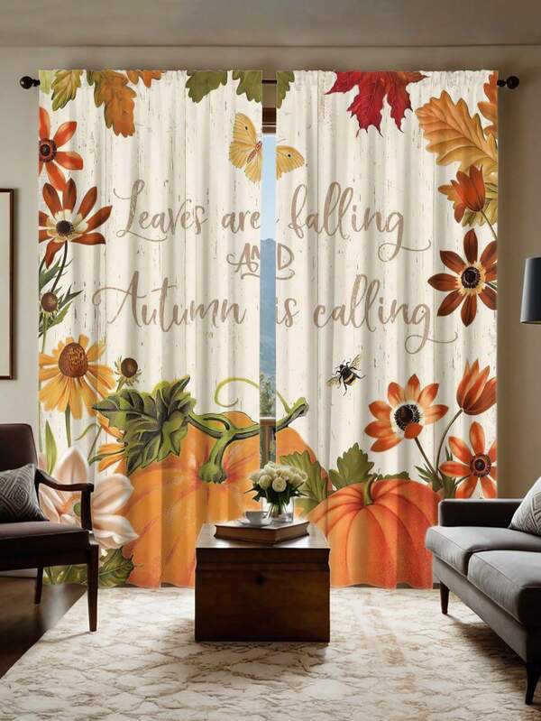 2 piezas de cortinas de poliéster semitraslúcidas con temática de otoño, con patrones de abeja, calabaza y hojas, diseño moderno de otoño, 100% poliéster, filtro de luz, ojales, adecuadas para cocina, lavadero, dormitorio, estudio, sala de estar
