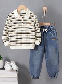 2 pezzi Set maglietta polo a righe in maglia e pantaloni in denim da ragazzo casual, adatto per sport, uso quotidiano, scuola, attività all'aperto in primavera e autunno