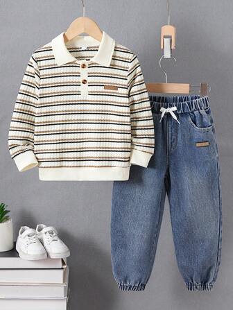 2PCS Young Boy Casual Striped Knit Polo Shirt And Denim Trousers Set, Suitable For Sports, Everyday, School, Outdoor Activities In Spring And Autumn