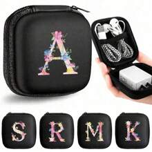 1/6 件 A-Z 字母图案便携式迷你数码收纳盒，EVA 材质旅行配件，带拉链收纳盒，适用于耳机、电缆、银行卡、身份证、充电器、移动电源、文具、硬币、珠宝 - 紧凑可重复使用的电缆管理盒、电缆收纳盒、珠宝收纳盒、俏皮设计、拉链封口 - 黑色 - 查看 3