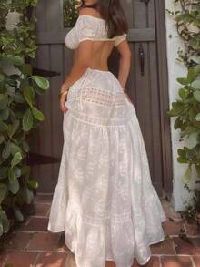 Long Skirt Set Lace Top Ruffle Skirt 2 Piece Sets For Women Beach Set Boho Skirt Crop Top Vacation Party Outfits - 白色 - 查看 2