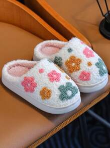 Girls Fluffy Lined Slippers, Warm Comfortable Home/Outdoor Wear Embroidered Closed Toe Slippers For Kids Toddlers, Autumn/Winter