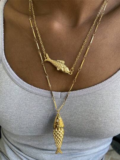 Stainless Steel Beach Fish Pendant Necklace, Women Ocean Style Necklace