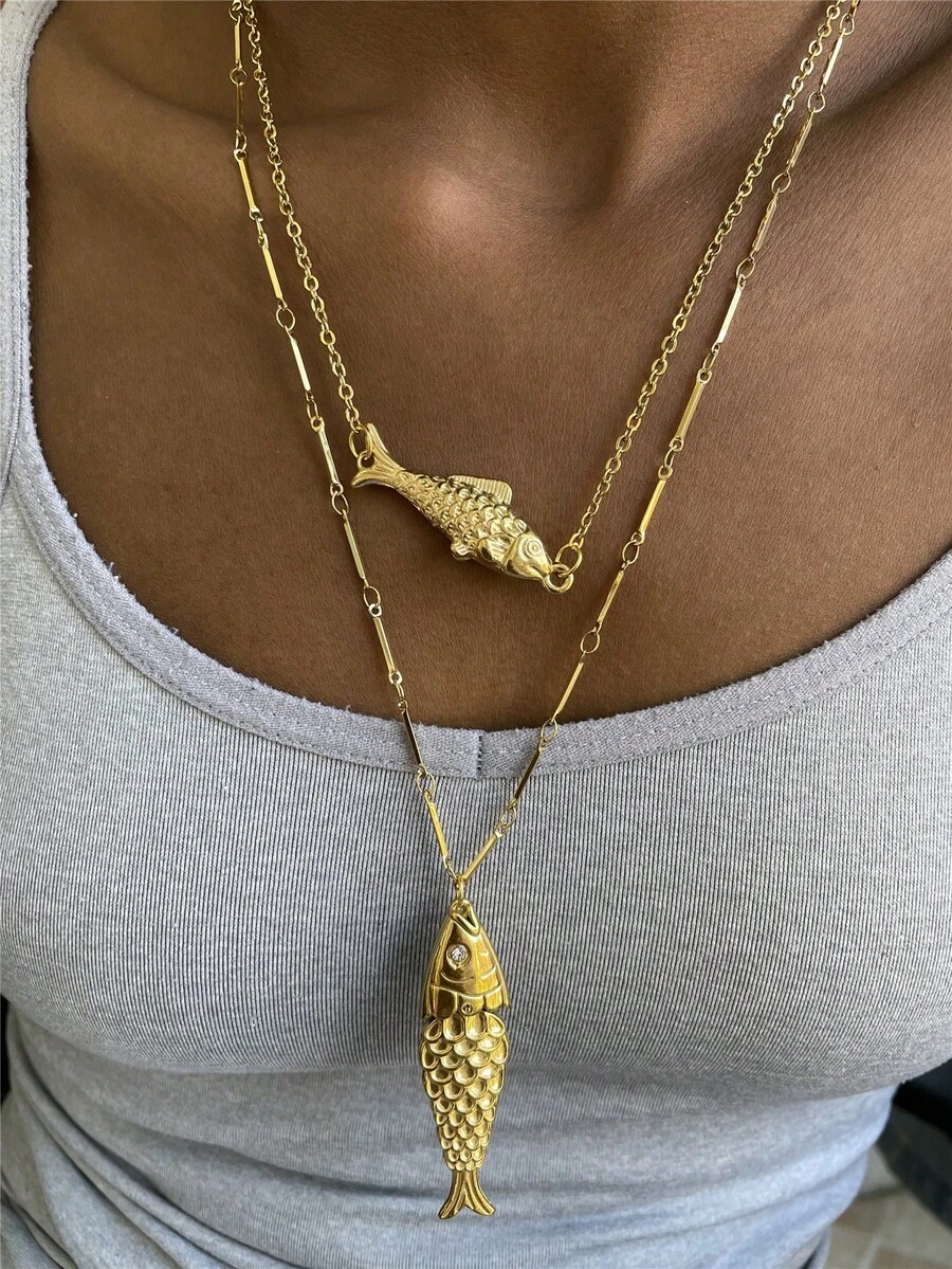 不锈钢海滩鱼吊坠项链，女士海洋风格项链 - 魚項鍊 - 查看 1