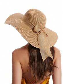 Sombrero de ala ancha para mujeres Sombrero de paja cómodo y elegante con lazo sombrero de playa de verano proteccion solar moda - Caqui - Ver 2