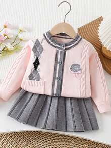 Girls' College Style Thick Warm Knitted Cardigan And Pleated Skirt 2 Pieces Set, Elegant Design Children's Clothing Outfit For Autumn/Winter - Pink - View 1