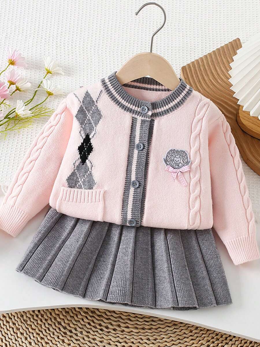 Girls' College Style Thick Warm Knitted Cardigan And Pleated Skirt 2 Pieces Set, Elegant Design Children's Clothing Outfit For Autumn/Winter - Pink - View 1
