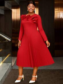 Plus Size Women Clothes Elegant Midi Party Or Work/Office Red Dresses For Women Long Sleeves Ruffled A Line Pleated Semi Formal Wedding Guest Dress New Year Dress - 紅色 - 查看 4