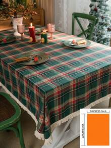 1pc Green Plaid Woven Tablecloth, Vintage American Style With Tassels, Rectangular For Dining Table, Coffee Table, TV Stand, Bedside Cabinet, Suitable For Christmas Holiday Family Gathering Party Decor, Creates Festive Atmosphere - Green - View 16