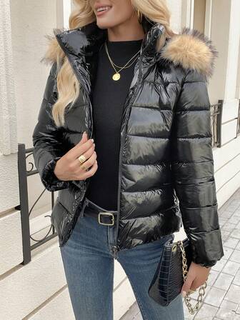 Women's Elegant Hooded Jacket, Short Zipper Coat With Fur Collar, Daily Winter Cold-Proof Wear, Quilted Cardigan