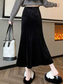 2件套羊毛加厚天鹅绒鱼尾裙，松紧腰，中长款，女士秋冬 - 黑色 - 查看 5