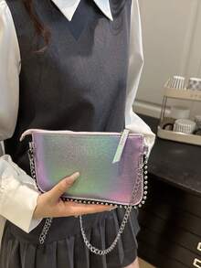 女士拼布串珠链条肩带斜挎包，复古彩色激光仿金属派对信封手拿包 [颜色随机] - 彩色 - 查看 10