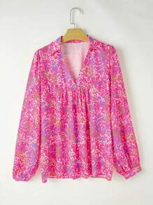 Acelitt Summer Fashion Abstract Print Long Sleeve Loose Polo Collar Pullover Shirt