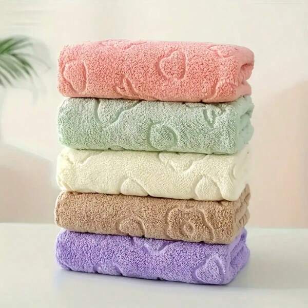 5 Packs Cute Cartoon Bear And Flower Embossed Towels, Soft Absorbent Quick-Dry Face Towels, Premium Towel Gift Set For Men & Women, Ideal For Bathroom, Kitchen, Living Room, Bedroom Use, 100% Polyester Knit Fabric