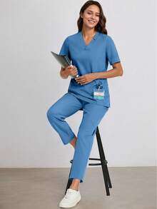 Conjunto de uniforme de uniforme de manga curta e calça de cor sólida - Azul - Ver 5