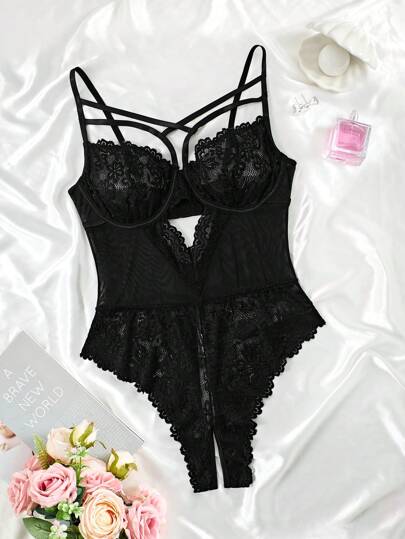 Große Größen Frauen Kontrast Spitze Ausschnitt Sexy Dessous Bodysuit