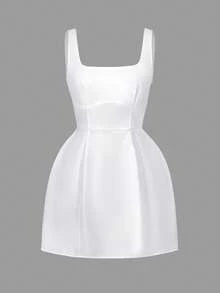 Vestido branco casual feminino com decote quadrado, alças finas e amarração na cintura, ideal para encontros, férias, volta às aulas e outras ocasiões. - Branco - Ver 3