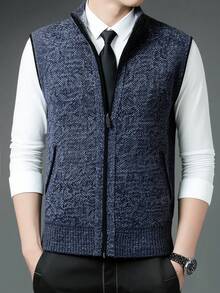 Herren Lässig Thermostrick Ärmelloser Pullunder, Herren Gestrickter Cardigan, für Ehemann, Herbst - Blau - Übersicht 2