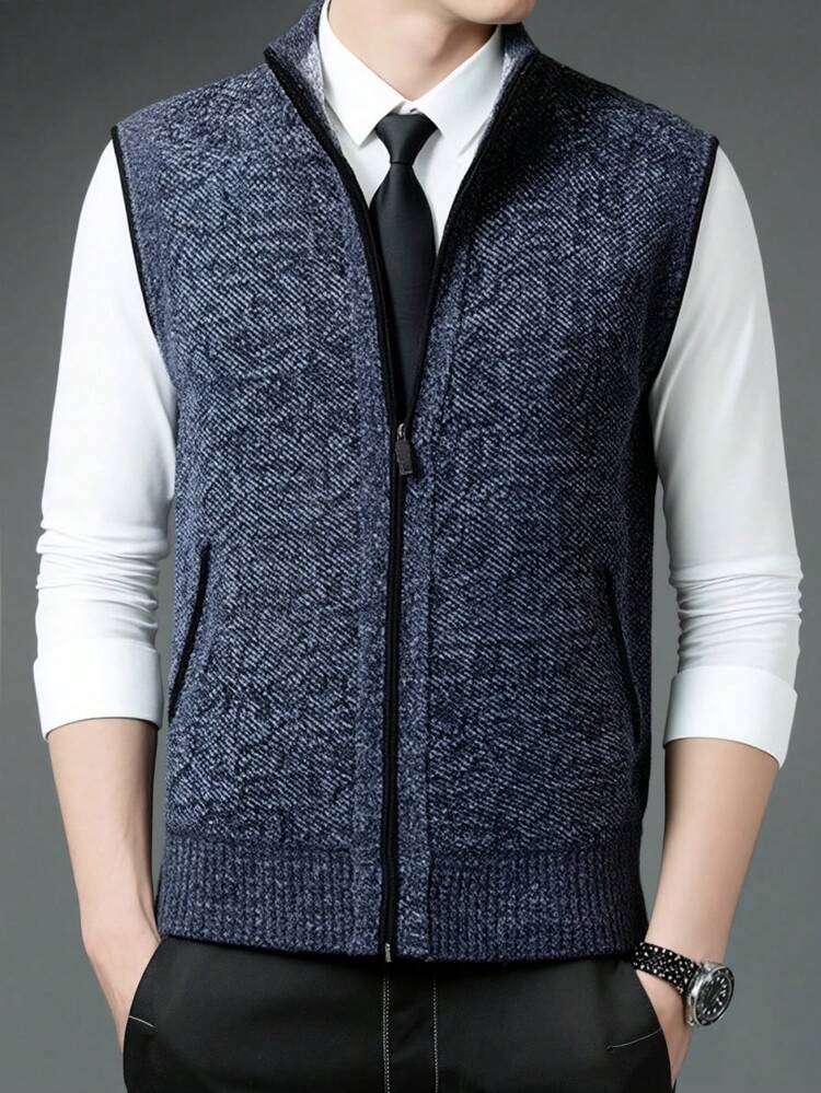 Men's Casual Thermal Knitted Sleeveless Sweater Vest,Men's Knitted Cardigan, For Husband , Fall - Blue - View 2
