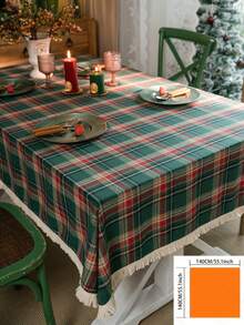 1pc Green Plaid Woven Tablecloth, Vintage American Style With Tassels, Rectangular For Dining Table, Coffee Table, TV Stand, Bedside Cabinet, Suitable For Christmas Holiday Family Gathering Party Decor, Creates Festive Atmosphere - Green - View 13