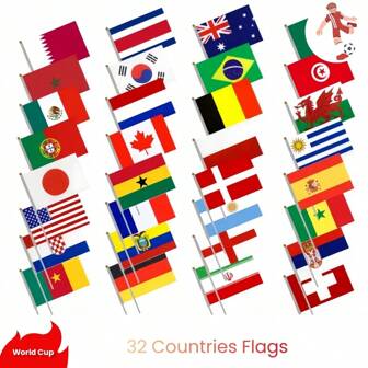 1set 32 Countries Handheld Mini Flag Small Table Runner, Polyester Small Hand Waving Flag With Plastic Flagpole For Parties Indoor Outdoor Garden Decoration, 14*21cm(5.5*8.2in)