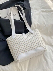 撞色滚边单肩手提包，休闲双提手设计，适合毕业生、少女、大学一年级、二年级、三年级和四年级学生，也适合户外活动、旅行和返校季。 - 白色 - 查看 6