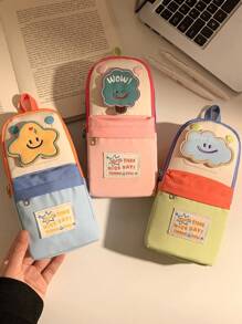 1pc Creative Colorblock Stationery Pouch, Large Capacity, Cute Patches, Minimalist Design, Unique,For School Supplies,Back To School