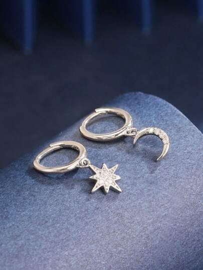 1 Pair S925 Sterling Silver Asymmetric Star & Moon Hoop Earrings, Sexy & Elegant Gift For Mother, Girlfriend, Girls, Women Jewelry Accessories