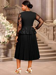 Plus Size Women Black 3D Butterfly See Through Peplum Dress Long Sleeve Elegant Pleated Evening Party Dress - Black - View 2